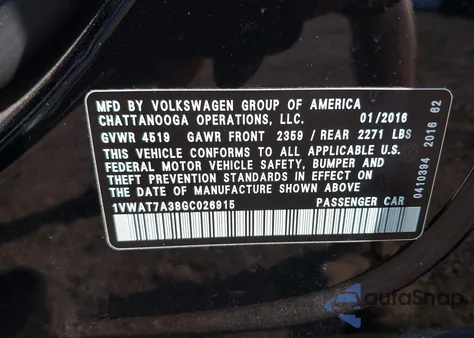 2016 Volkswagen Passat 1.8T S из США, поврежденный, VIN 1VWAT7A38GC026915